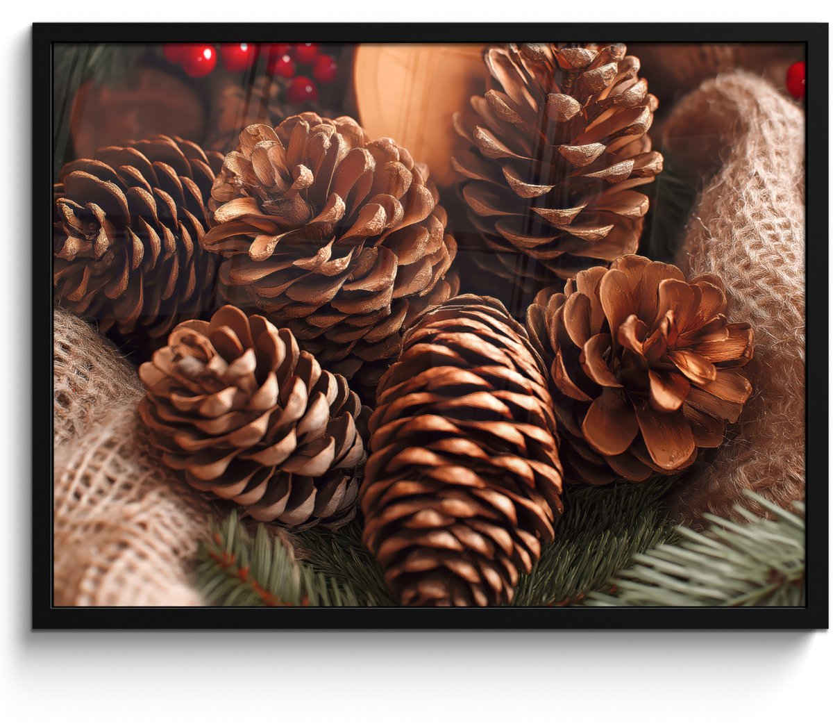 FrameYourWall Poster in lijst - Fotolijst 70x50 cm - Posters - Dennenappels - Boom - Winter - Natuur - Bruin - Posterlijst zwart - Decoratie - Wanddecoratie woonkamer - Muurdecoratie slaapkamer