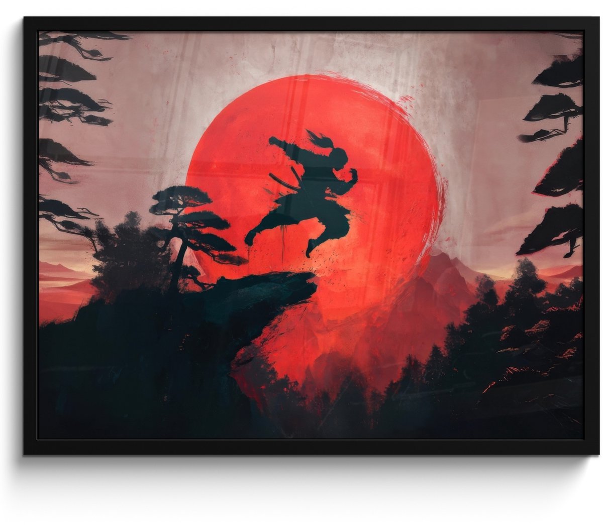 FrameYourWall Poster in lijst - Fotolijst 70x50 cm - Posters - Zon - Krijger - Bomen - Bergen - Posterlijst zwart - Decoratie - Wanddecoratie woonkamer - Muurdecoratie slaapkamer Zon - Krijger - Landschap