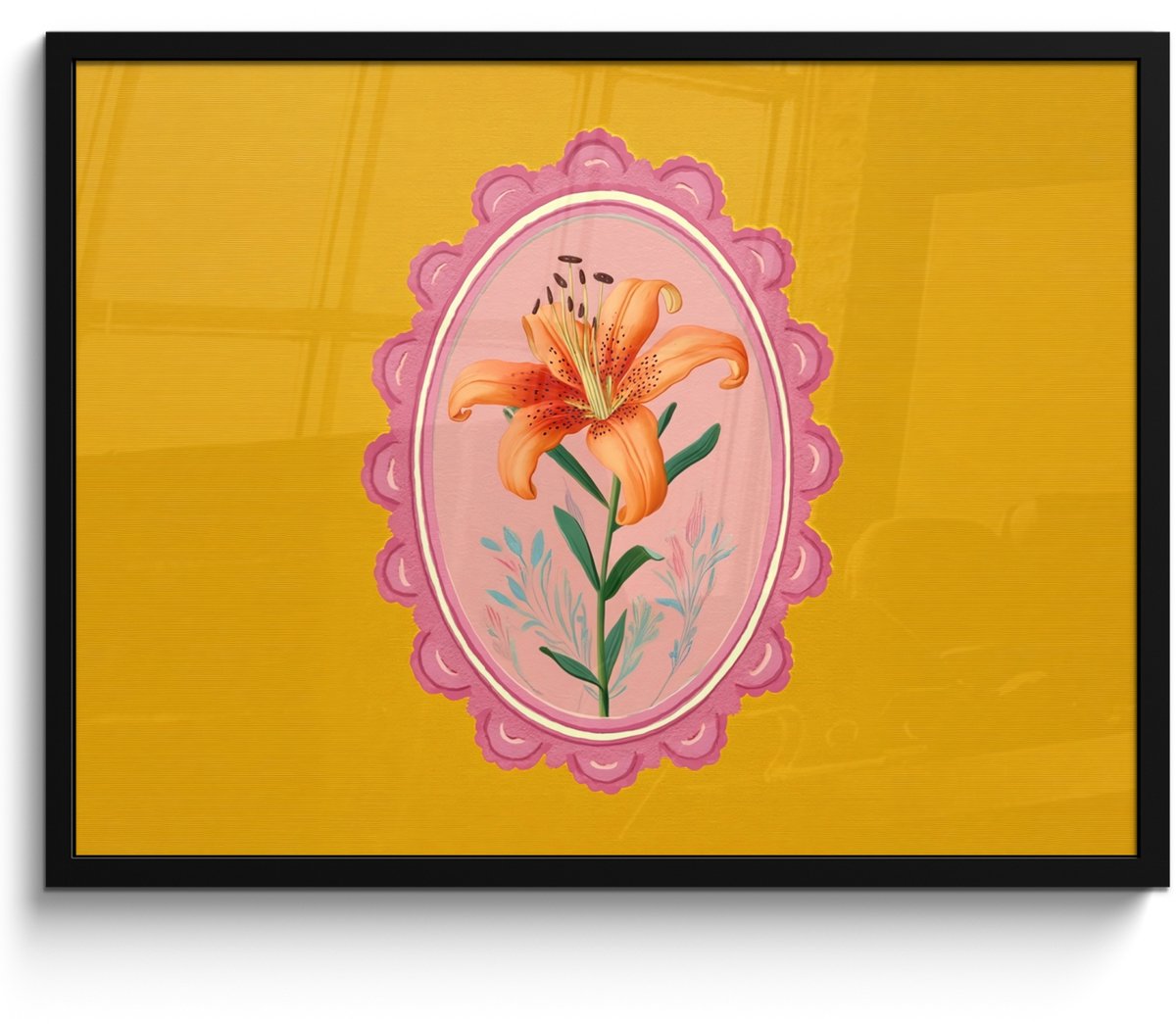 FrameYourWall Poster in lijst - Fotolijst 70x50 cm - Posters - Lelie - Oranje - Lijst - Ovaal - Posterlijst zwart - Decoratie - Wanddecoratie woonkamer - Muurdecoratie slaapkamer Lelie - Lijst