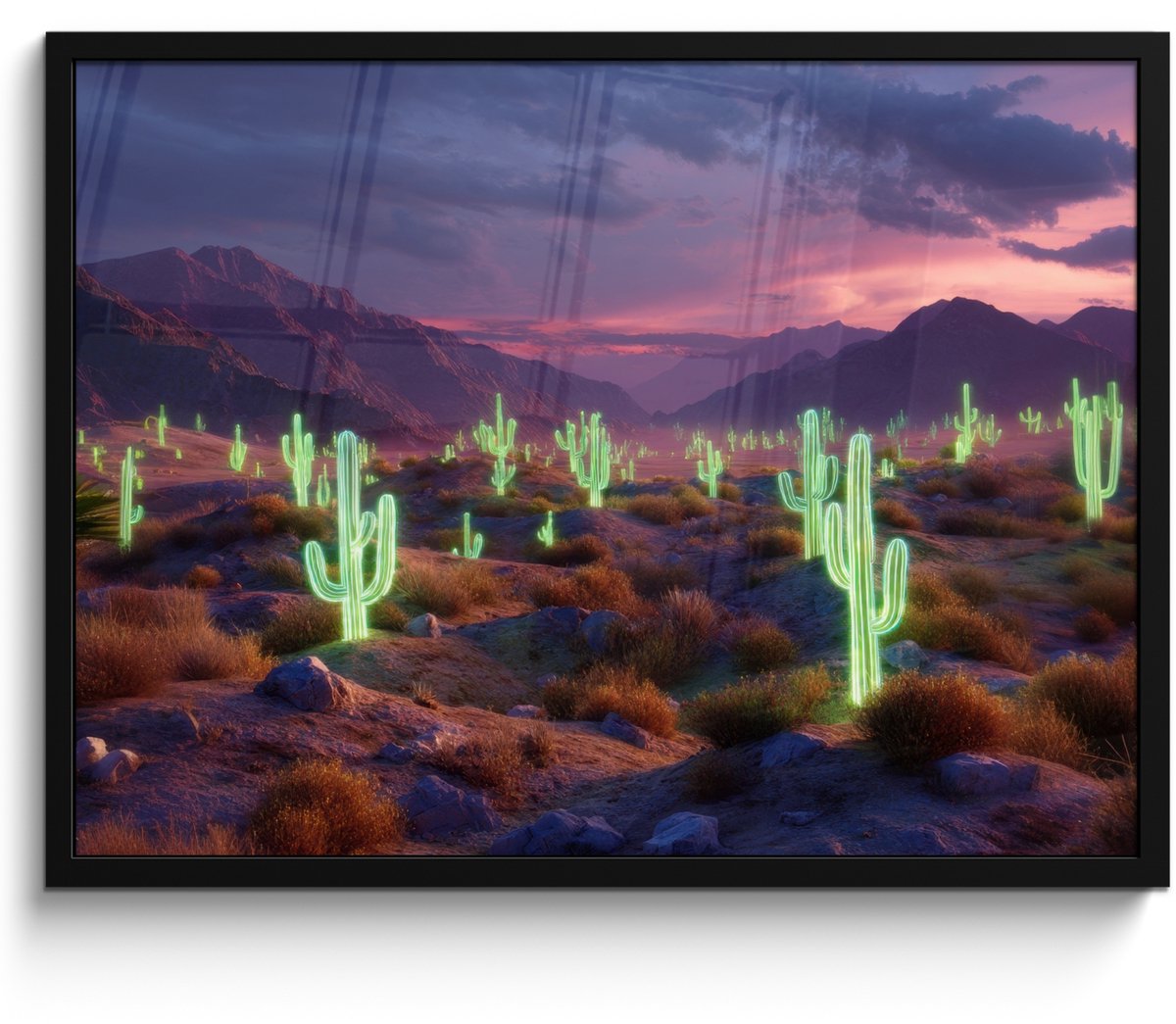 FrameYourWall Poster in lijst - Fotolijst 70x50 cm - Posters - Neon cactussen - Woestijn - Zonsondergang - Posterlijst zwart - Decoratie - Wanddecoratie woonkamer - Muurdecoratie slaapkamer Neon - cactus - Woestijn