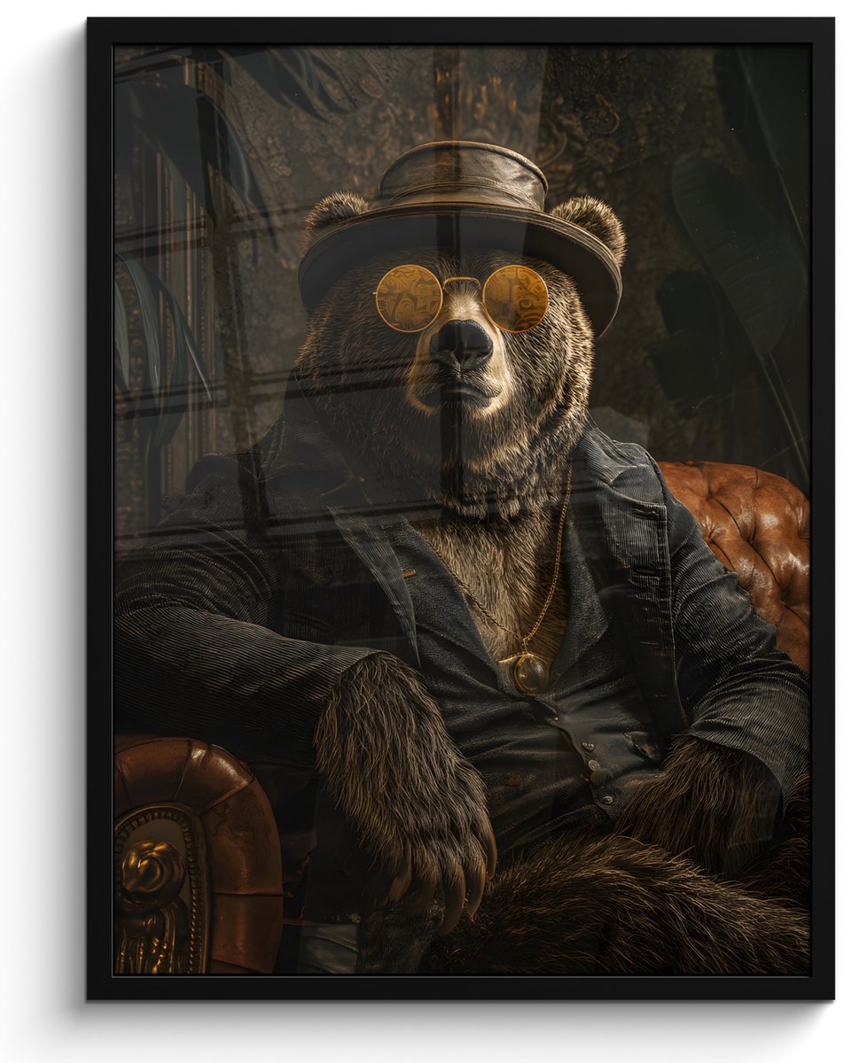 FrameYourWall Poster in lijst - Fotolijst 50x70 cm - Posters - Beer - Bruin - Pak - Hoed - Posterlijst zwart - Decoratie - Wanddecoratie woonkamer - Muurdecoratie slaapkamer Hert - Hoed