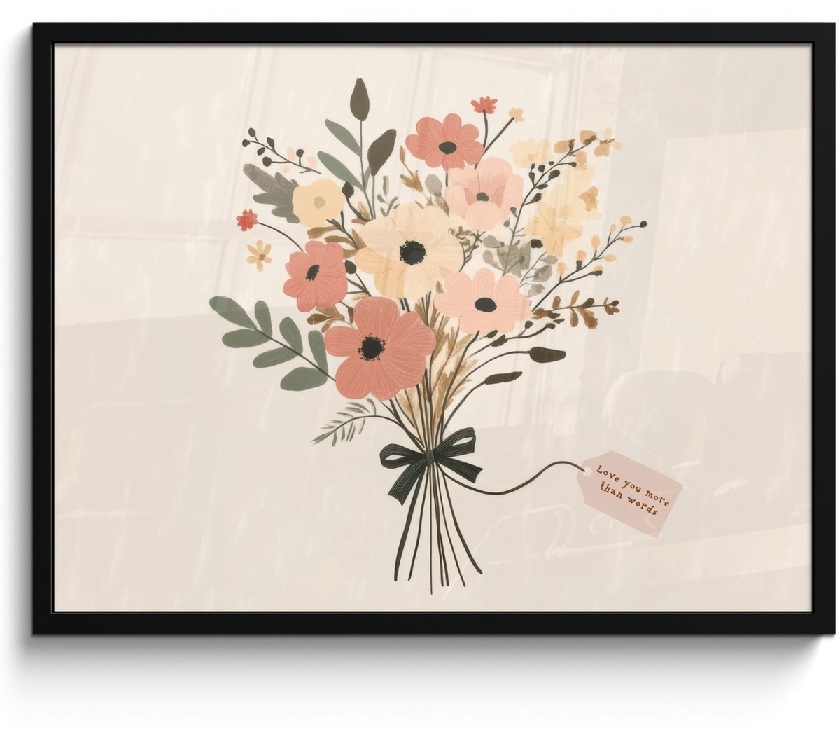 FrameYourWall Poster in lijst - Fotolijst 70x50 cm - Posters - Bloemen - Quote - Beige - Lint - Posterlijst zwart - Decoratie - Wanddecoratie woonkamer - Muurdecoratie slaapkamer Boeket - Kaartje