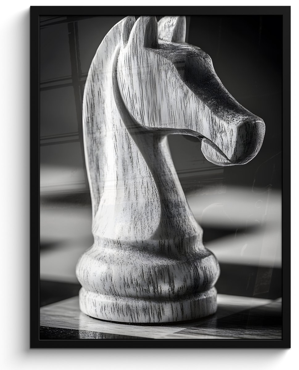 FrameYourWall Poster in lijst - Fotolijst 50x70 cm - Posters - Paard - Hout - Schaalbord - Zwart - Posterlijst zwart - Decoratie - Wanddecoratie woonkamer - Muurdecoratie slaapkamer Paard - Schaakbord