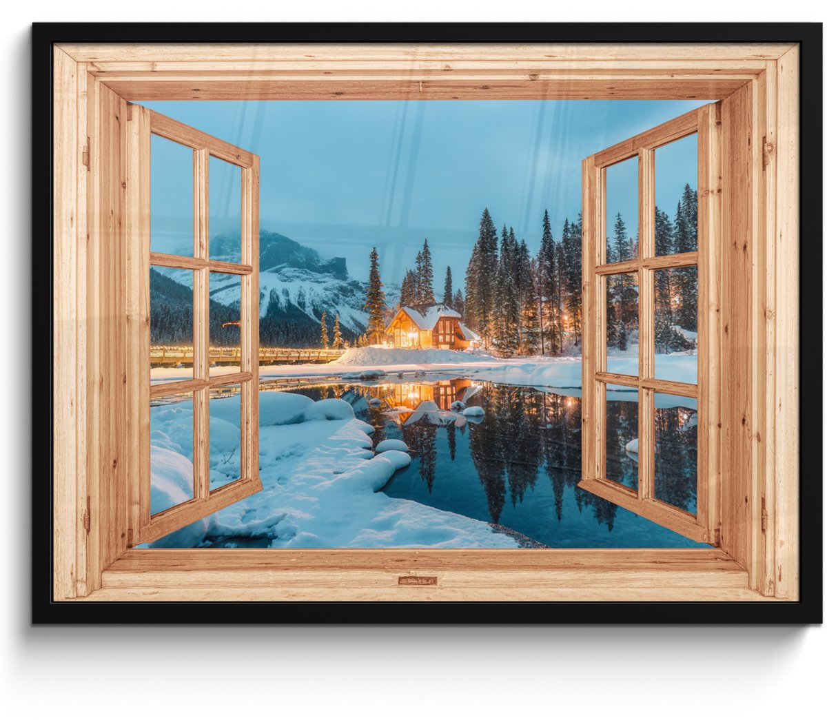 FrameYourWall Poster in lijst - Fotolijst 70x50 cm - Posters - Winterlandschap - Natuur - Huis - Bergen - Doorkijk - Raam - Posterlijst zwart - Decoratie - Wanddecoratie woonkamer - Muurdecoratie slaapkamer Bergmeer