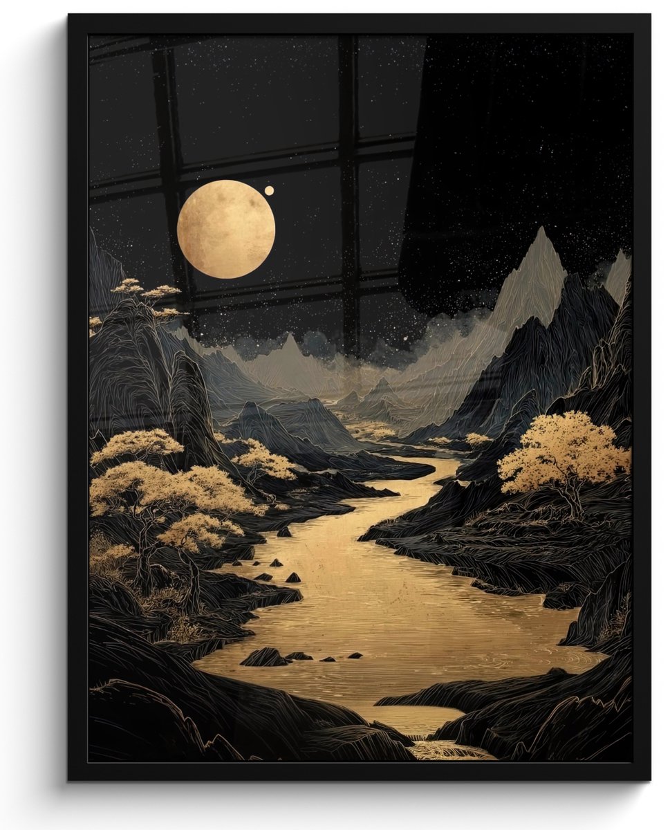 FrameYourWall Poster in lijst - Fotolijst 50x70 cm - Posters - Gouden rivier - Bergen - Maan - Sterrenhemel - Posterlijst zwart - Decoratie - Wanddecoratie woonkamer - Muurdecoratie slaapkamer