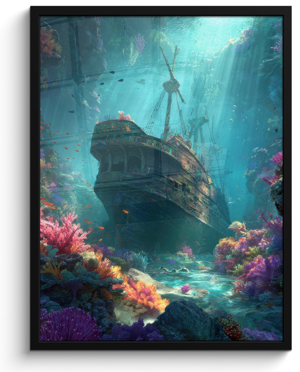 FrameYourWall Poster in lijst - Fotolijst 50x70 cm - Posters - Schip - Hout - Koraalriffen - Zonlicht - Posterlijst zwart - Decoratie - Wanddecoratie woonkamer - Muurdecoratie slaapkamer
