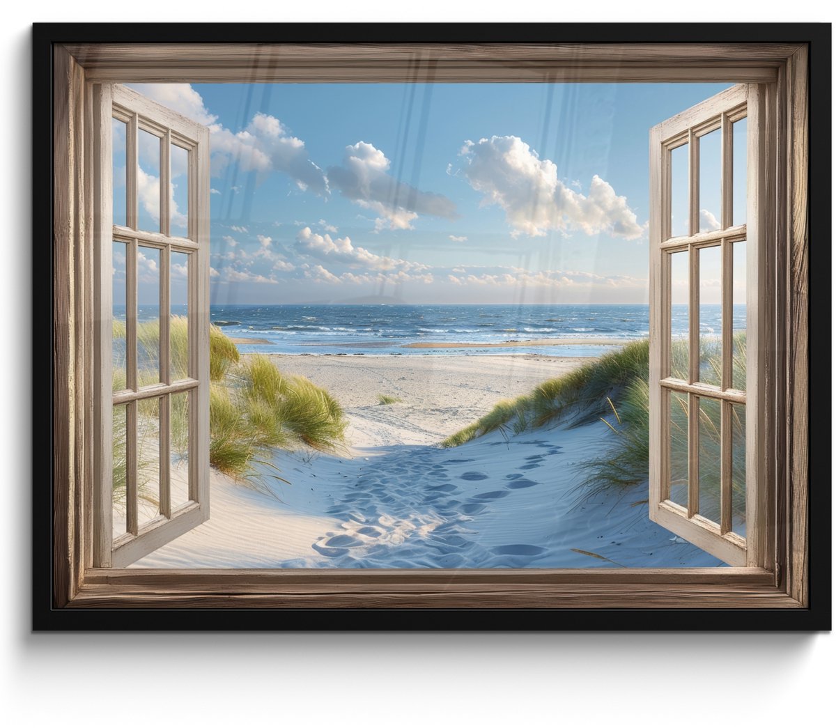 FrameYourWall Poster in lijst - Fotolijst 70x50 cm - Posters - Doorkijk - Strand - Raam - Duinen - Zee - Posterlijst zwart - Decoratie - Wanddecoratie woonkamer - Muurdecoratie slaapkamer Strand - Zee