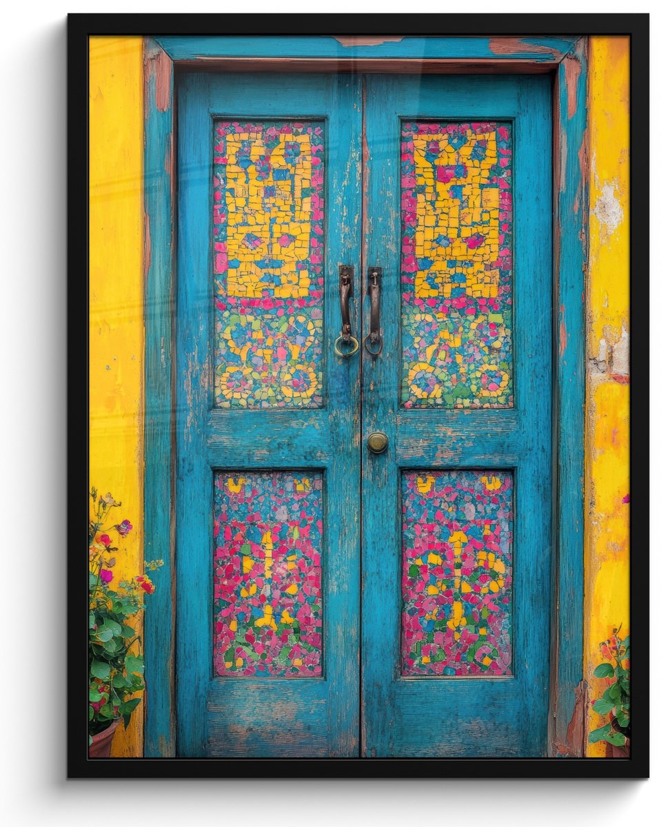 FrameYourWall Poster in lijst - Fotolijst 50x70 cm - Posters - Deuren - Kleurrijk - Planten - Posterlijst zwart - Decoratie - Wanddecoratie woonkamer - Muurdecoratie slaapkamer Deur - Bloemen