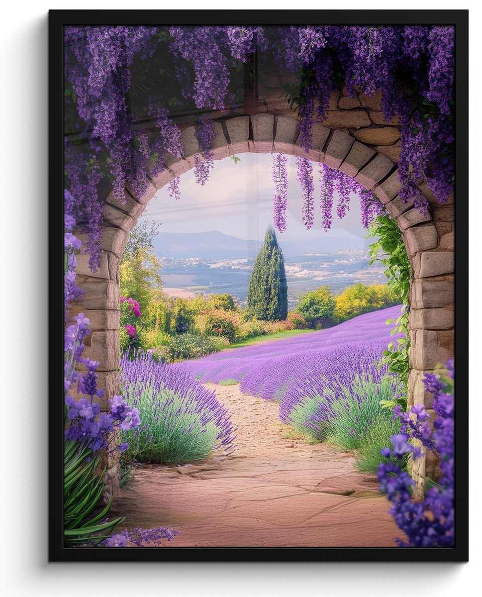 FrameYourWall Poster in lijst - Fotolijst 50x70 cm - Posters - Doorkijk - Lavendel - Bloemen - Paars - Poort - Posterlijst zwart - Decoratie - Wanddecoratie woonkamer - Muurdecoratie slaapkamer Lavendelveld