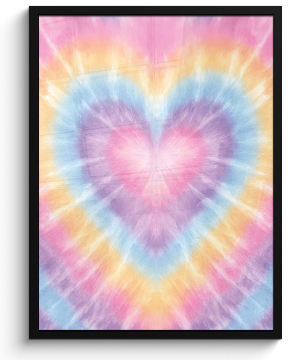 FrameYourWall Poster in lijst - Fotolijst 50x70 cm - Posters - Hartvorm - Pastelkleuren - Tie Dye - Posterlijst zwart - Decoratie - Wanddecoratie woonkamer - Muurdecoratie slaapkamer Multicolor