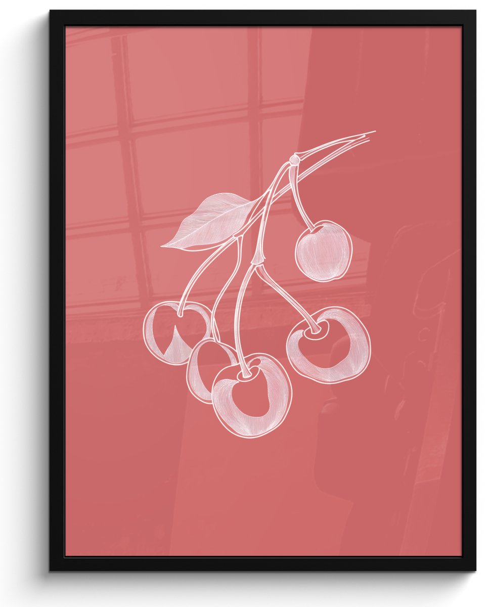 FrameYourWall Poster in lijst - Fotolijst 50x70 cm - Posters - Lijnillustratie - Kersen - Tak - Wit - Posterlijst zwart - Decoratie - Wanddecoratie woonkamer - Muurdecoratie slaapkamer