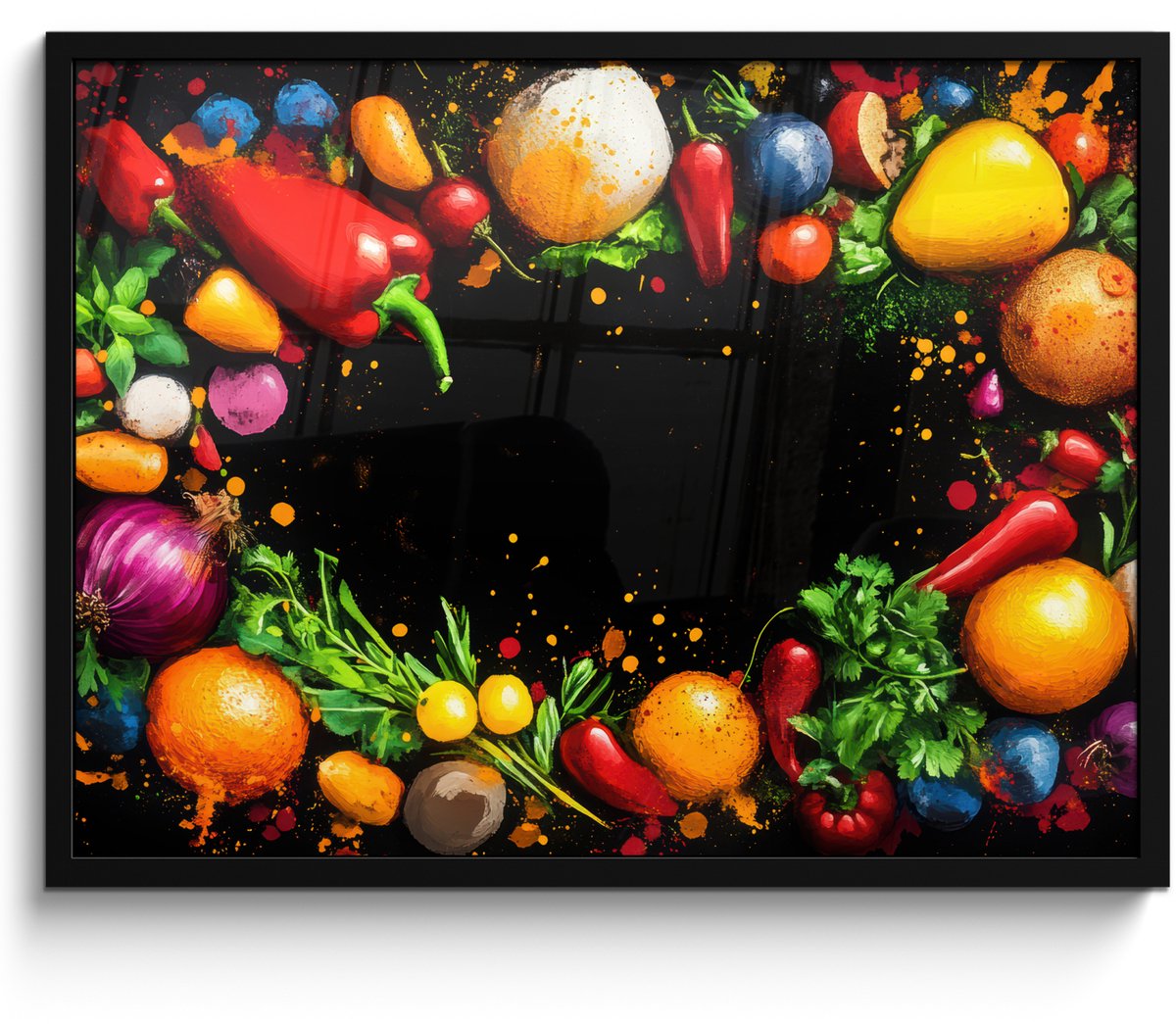 FrameYourWall Poster in lijst - Fotolijst 70x50 cm - Posters - Groente - Graffiti - Kleurrijk - Koken - Abstract - Posterlijst zwart - Decoratie - Wanddecoratie woonkamer - Muurdecoratie slaapkamer Graffiti - Cirkel - Groente