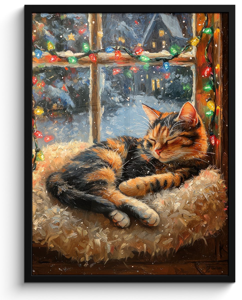 FrameYourWall Poster in lijst - Fotolijst 50x70 cm - Posters - Kat - Kerst - Winter - Dier - Posterlijst zwart - Decoratie - Wanddecoratie woonkamer - Kerstdecoratie voor binnen - Kerstversiering - Kerstmis versiering in huis - Kerstaccessoires Winter - Kat