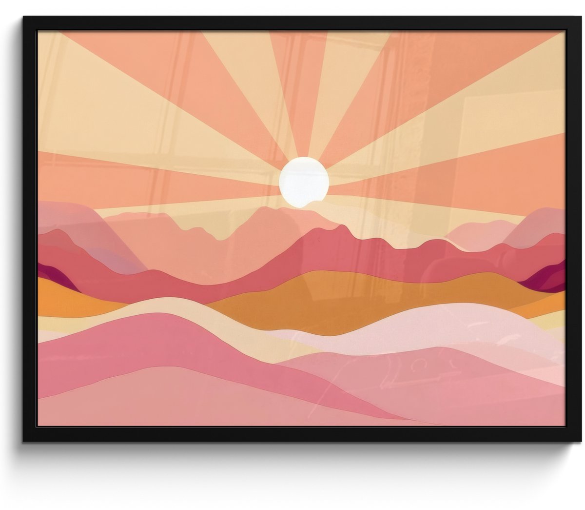 FrameYourWall Poster in lijst - Fotolijst 70x50 cm - Posters - Bergen - Abstract - Zonnestralen - Roze - Posterlijst zwart - Decoratie - Wanddecoratie woonkamer - Muurdecoratie slaapkamer Zon - Bergen