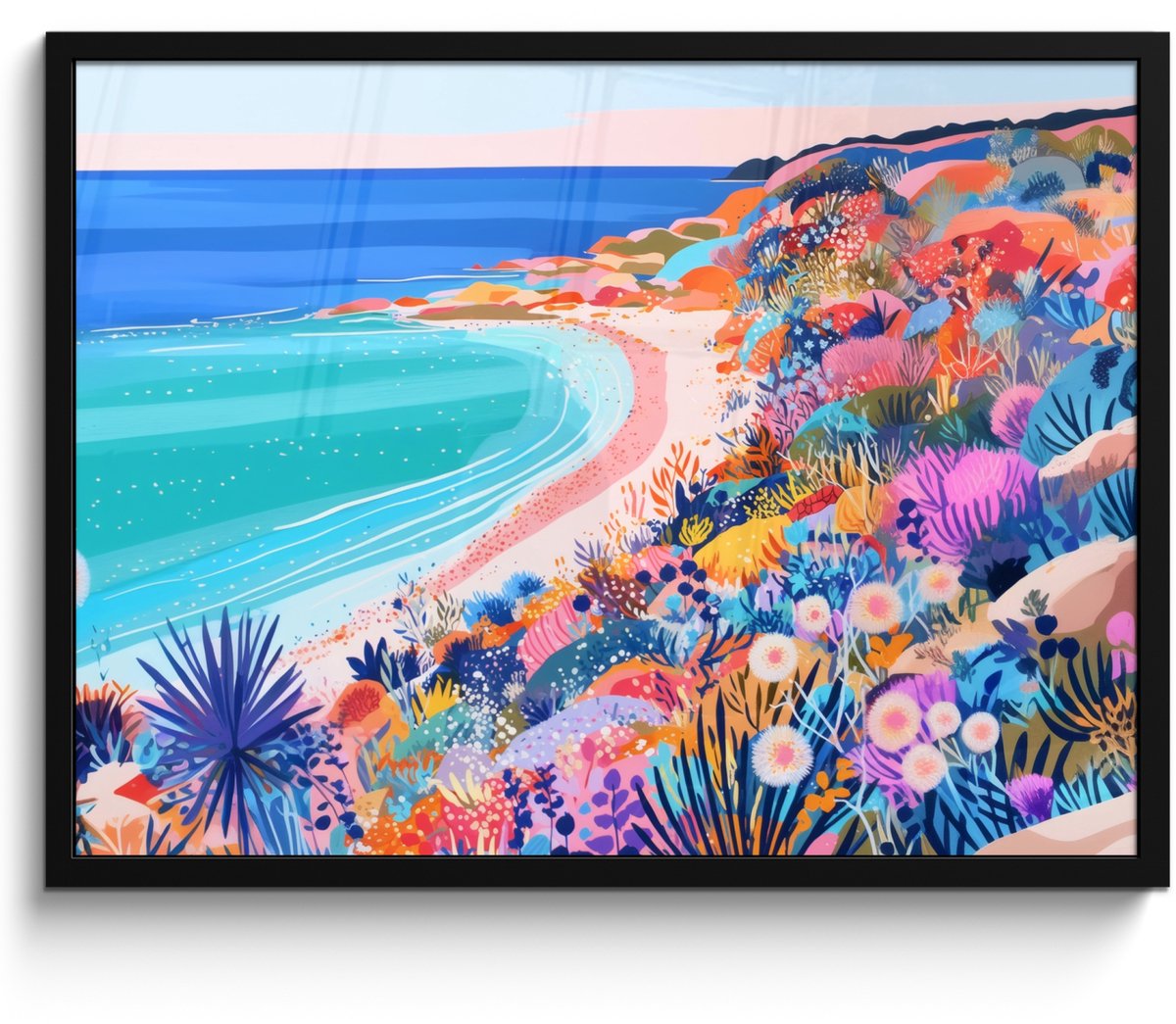 FrameYourWall Poster in lijst - Fotolijst 70x50 cm - Posters - Bloemenweide - Zee - Zomers - Posterlijst zwart - Decoratie - Wanddecoratie woonkamer - Muurdecoratie slaapkamer Strand - Zee - Bloemen
