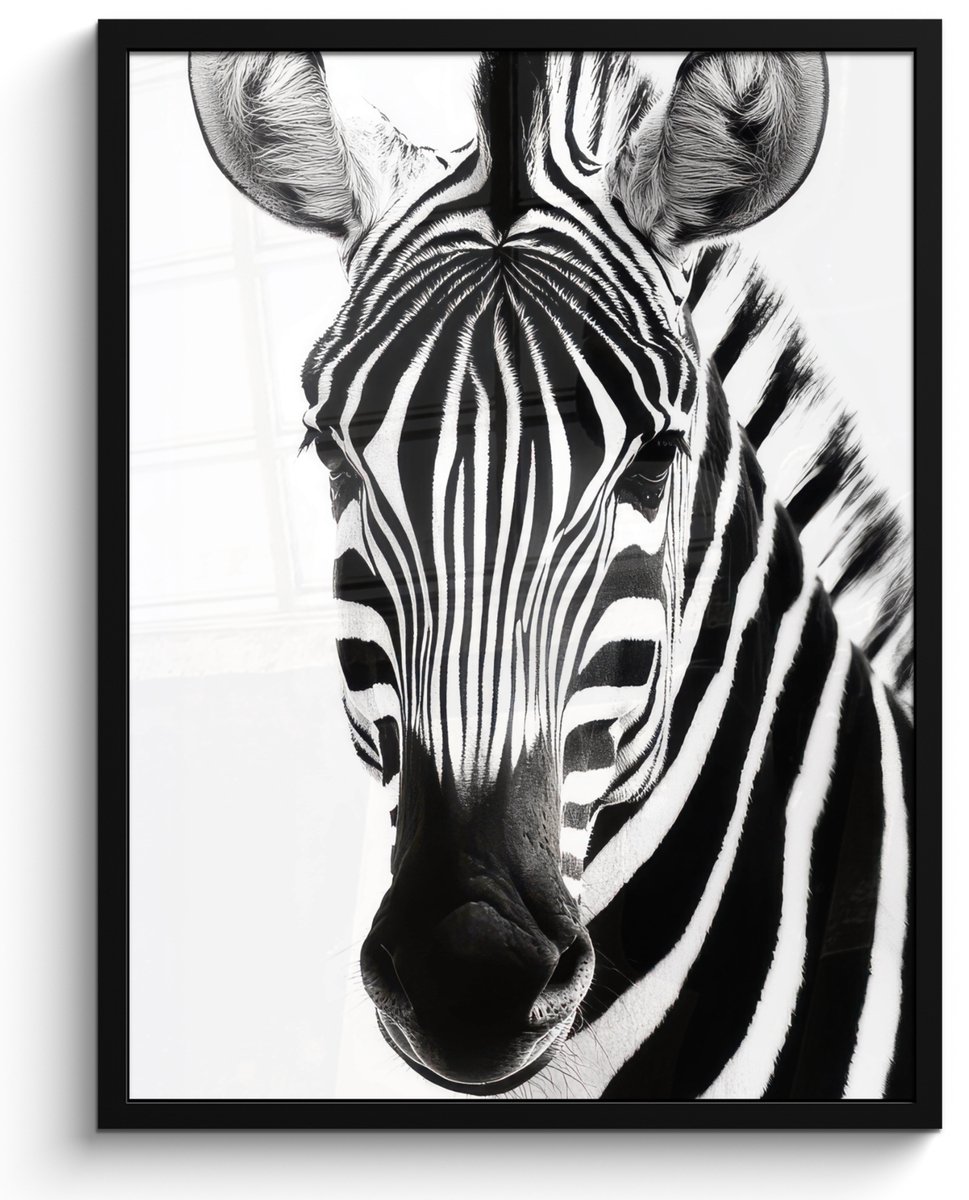 FrameYourWall Poster in lijst - Fotolijst 50x70 cm - Posters - Zebra - Close-up - Zwart - Strepen - Posterlijst zwart - Decoratie - Wanddecoratie woonkamer - Muurdecoratie slaapkamer