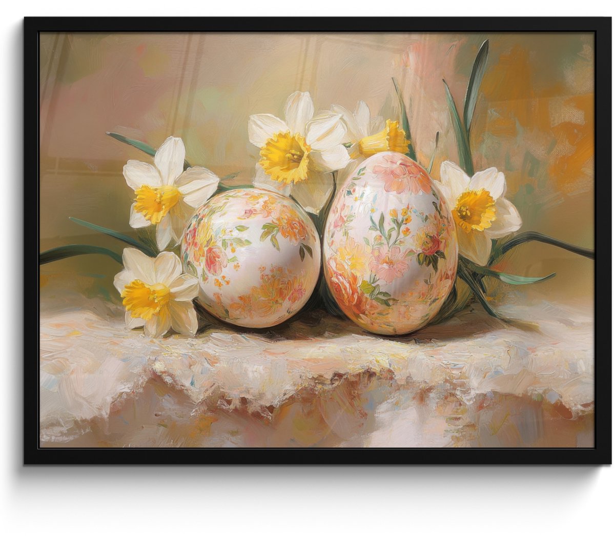 FrameYourWall Poster in lijst - Fotolijst 70x50 cm - Posters - Bloemen - Eieren - Geschilderd - Posterlijst zwart - Decoratie - Wanddecoratie woonkamer - Muurdecoratie slaapkamer Paaseieren - Vintage