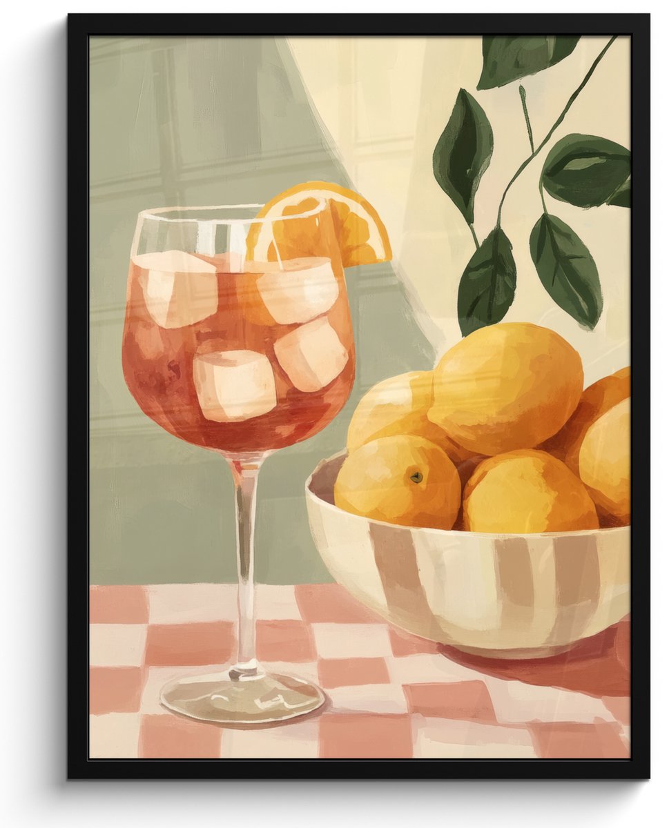 FrameYourWall Poster in lijst - Fotolijst 50x70 cm - Posters - Citroenen - Glas - Tafelkleed - Geblokt - Posterlijst zwart - Decoratie - Wanddecoratie woonkamer - Muurdecoratie slaapkamer