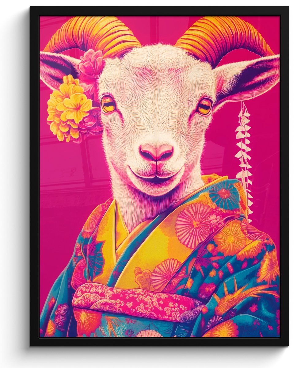 FrameYourWall Poster in lijst - Fotolijst 50x70 cm - Posters - Geit - Hoorns - Kimono - Kleurrijk - Posterlijst zwart - Decoratie - Wanddecoratie woonkamer - Muurdecoratie slaapkamer