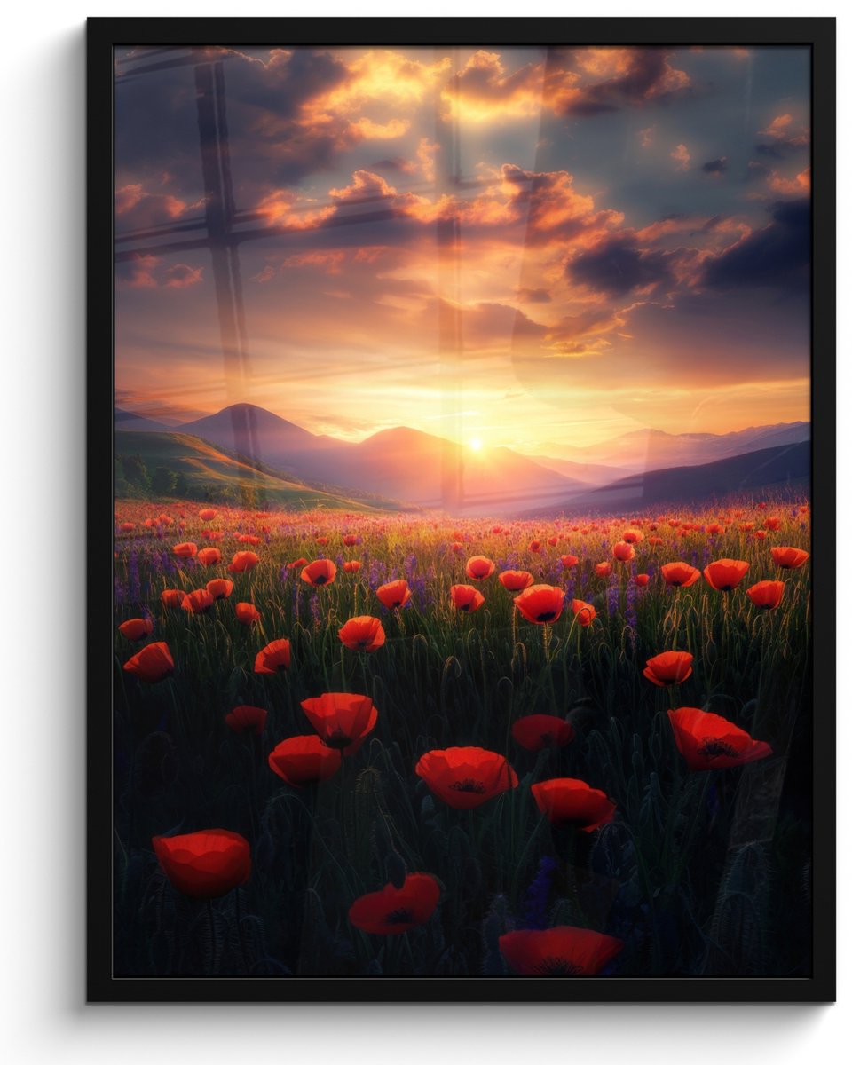 FrameYourWall Poster in lijst - Fotolijst 50x70 cm - Posters - Landschap - Zonsondergang - Bloemenveld - Posterlijst zwart - Decoratie - Wanddecoratie woonkamer - Muurdecoratie slaapkamer Bloemen - Klaprozen