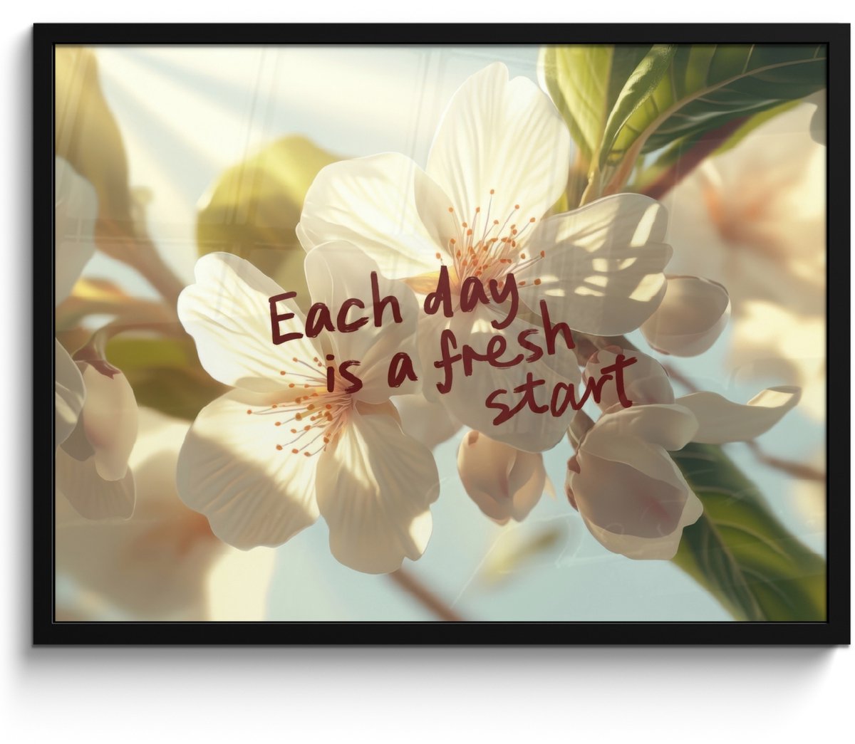 FrameYourWall Poster in lijst - Fotolijst 70x50 cm - Posters - Bloesems - Zonlicht - Quote - Wit - Posterlijst zwart - Decoratie - Wanddecoratie woonkamer - Muurdecoratie slaapkamer Bloesem - Quote
