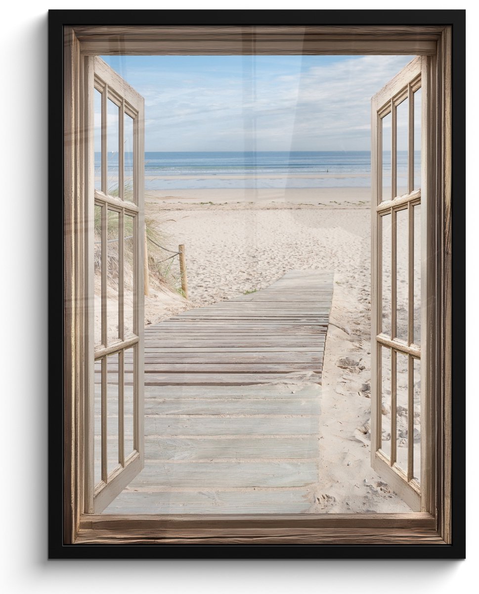 FrameYourWall Poster in lijst - Fotolijst 50x70 cm - Posters - Doorkijk - Strand - Duinen - Pad - Landschap - Posterlijst zwart - Decoratie - Wanddecoratie woonkamer - Muurdecoratie slaapkamer Strand - Pad