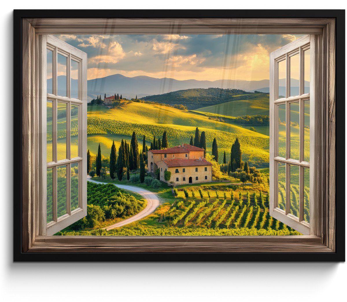 FrameYourWall Poster in lijst - Fotolijst 70x50 cm - Posters - Doorkijk - Toscane - Uitzicht - Landschap - Zomer - Posterlijst zwart - Decoratie - Wanddecoratie woonkamer - Muurdecoratie slaapkamer Toscane - Landschap