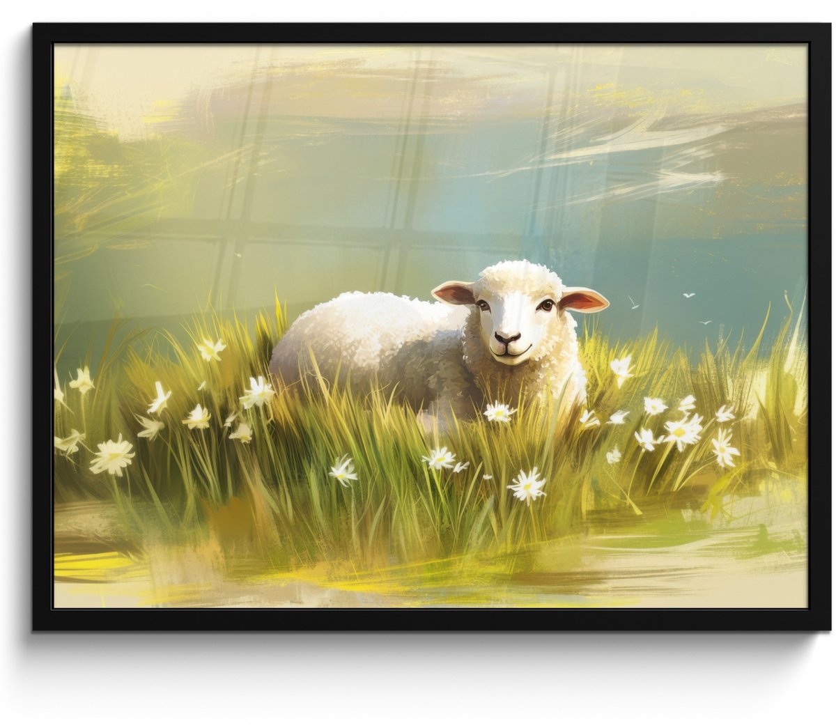 FrameYourWall Poster in lijst - Fotolijst 70x50 cm - Posters - Schaap - Weide - Groen - Posterlijst zwart - Decoratie - Wanddecoratie woonkamer - Muurdecoratie slaapkamer