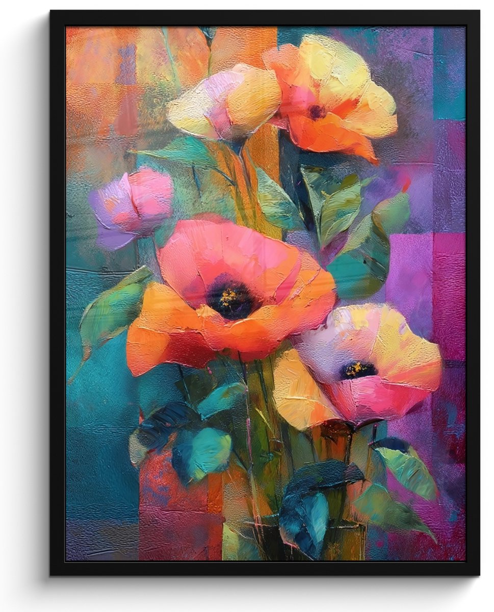 FrameYourWall Poster in lijst - Fotolijst 50x70 cm - Posters - Geometrische kleurvlaken - Modern - Fantasiebloemen - Posterlijst zwart - Decoratie - Wanddecoratie woonkamer - Muurdecoratie slaapkamer Bloemen - Kleurvlakken