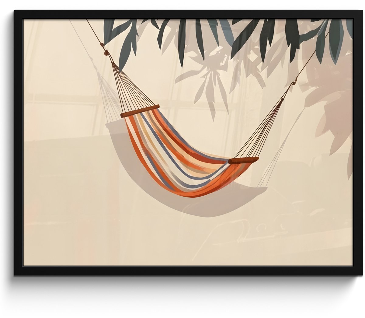 FrameYourWall Poster in lijst - Fotolijst 70x50 cm - Posters - Hangmat - Kleurrijk - Bladeren - Schaduw - Posterlijst zwart - Decoratie - Wanddecoratie woonkamer - Muurdecoratie slaapkamer