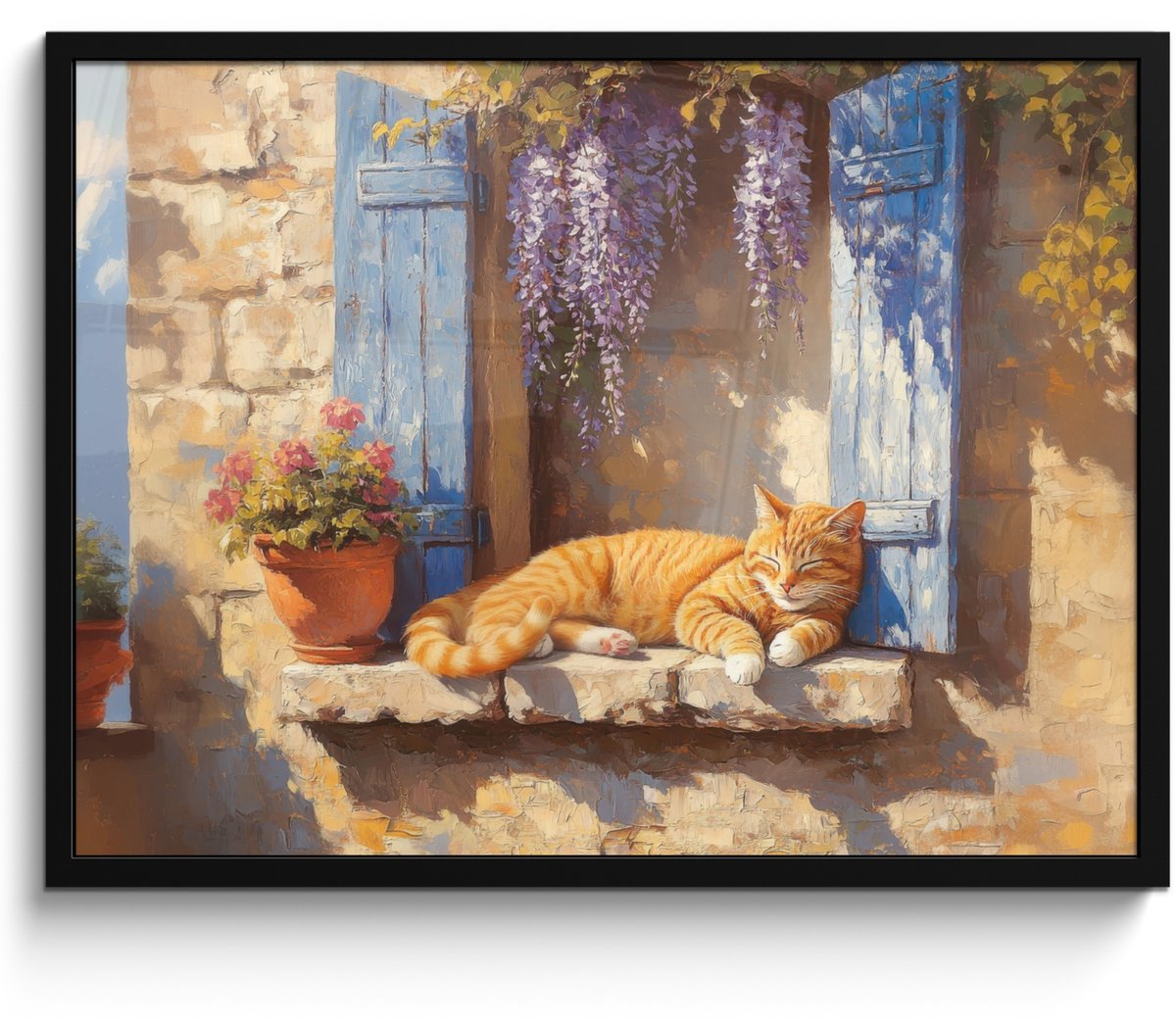 FrameYourWall Poster in lijst - Fotolijst 70x50 cm - Posters - Kat - Stenen vensterbank - Bloemen - Posterlijst zwart - Decoratie - Wanddecoratie woonkamer - Muurdecoratie slaapkamer Kat - Vensterbank - Bloemen