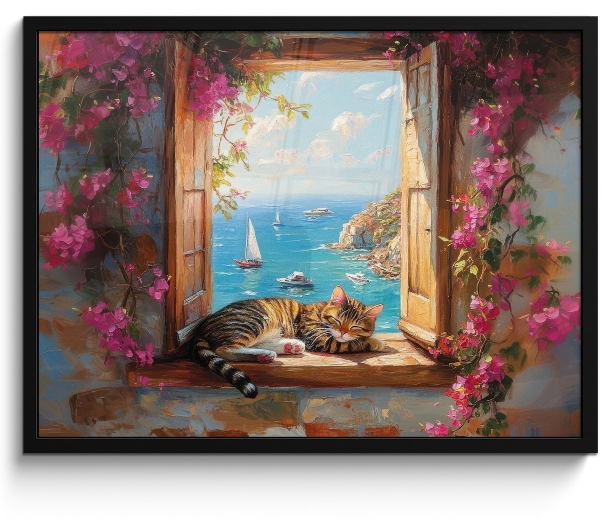 FrameYourWall Poster in lijst - Fotolijst 70x50 cm - Posters - Kat - Blauwe zee - Roze bloemen - Posterlijst zwart - Decoratie - Wanddecoratie woonkamer - Muurdecoratie slaapkamer Kat - Bloemen - Zee