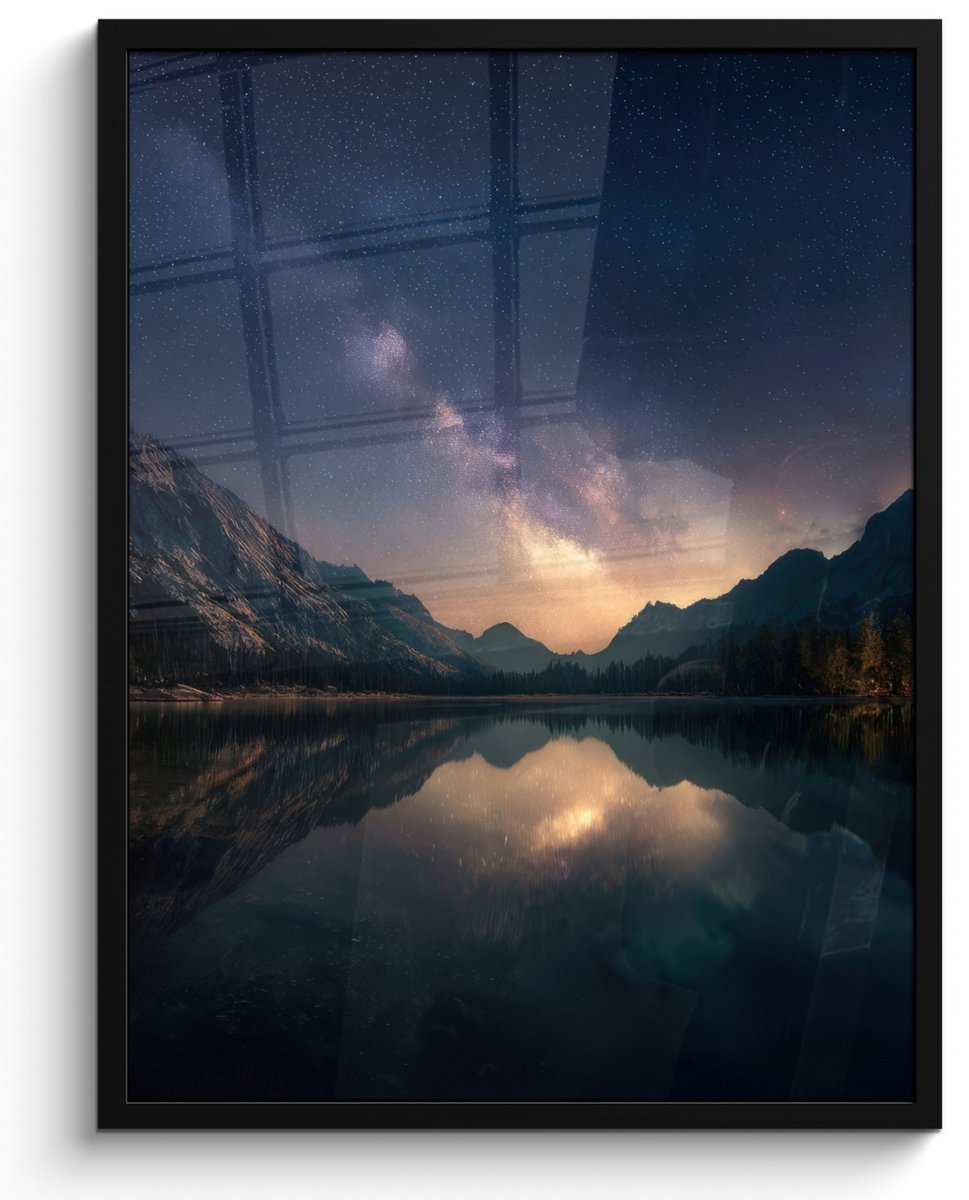 FrameYourWall Poster in lijst - Fotolijst 50x70 cm - Posters - Kristalhelder meer - Bergen - Bergen - Posterlijst zwart - Decoratie - Wanddecoratie woonkamer - Muurdecoratie slaapkamer Sterren - Meer - Bergen