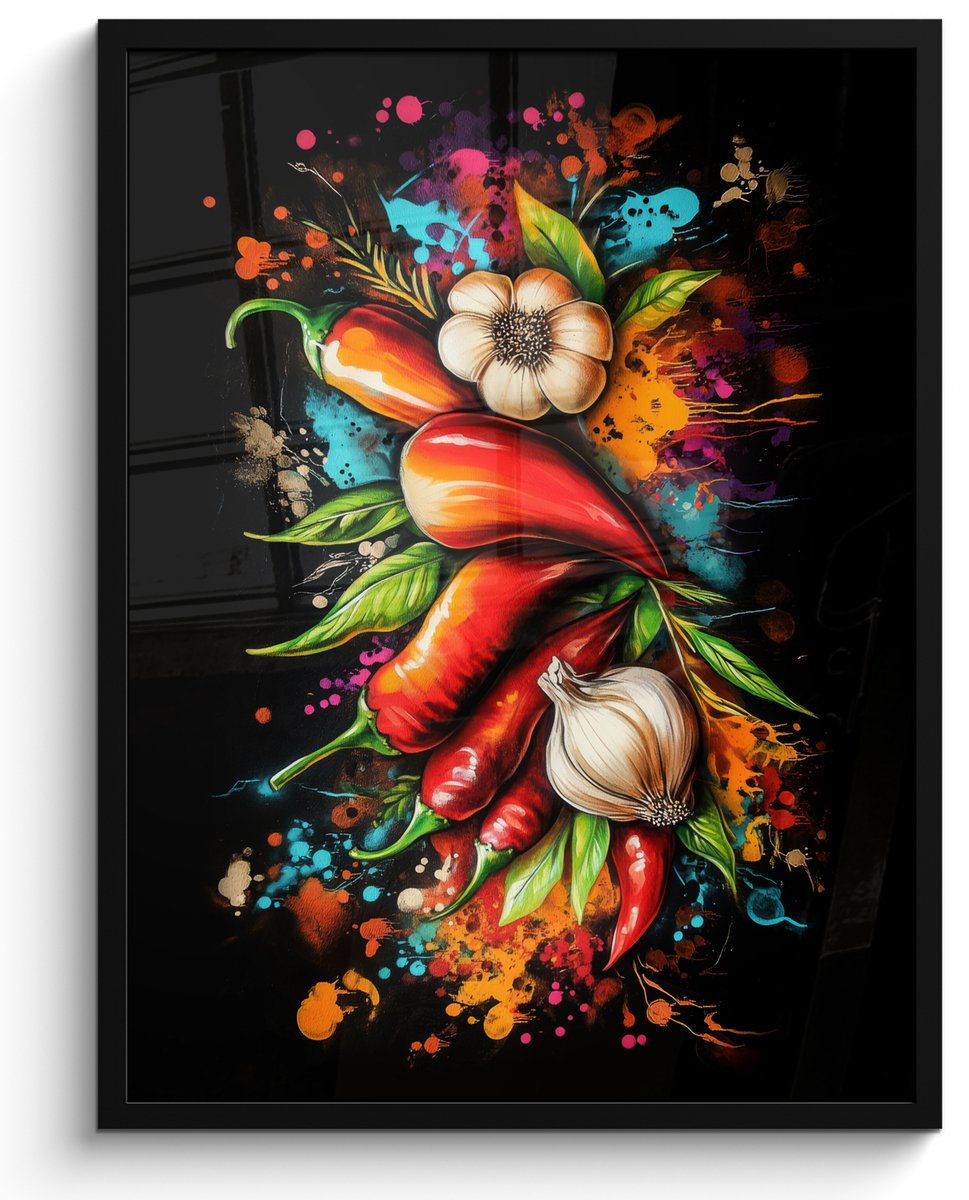 FrameYourWall Poster in lijst - Fotolijst 50x70 cm - Posters - Groente - Peper - Knoflook - Graffiti - Verf - Kleurrijk - Posterlijst zwart - Decoratie - Wanddecoratie woonkamer - Muurdecoratie slaapkamer Graffiti - Eten