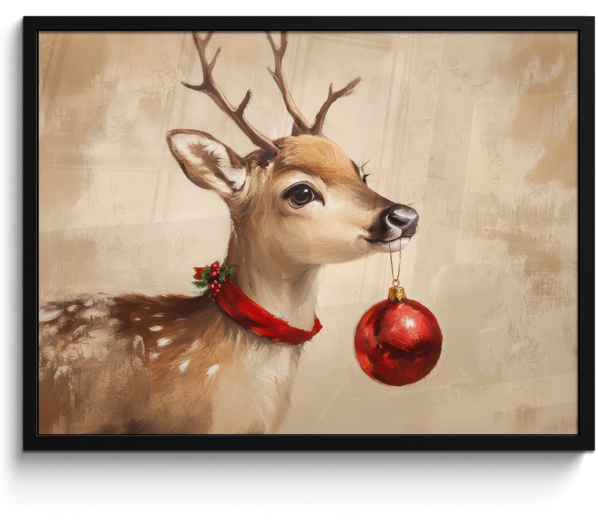 FrameYourWall Poster in lijst - Fotolijst 70x50 cm - Posters - Kerst - Hert - Gewei - Kerstbal - Rendier - Posterlijst zwart - Decoratie - Wanddecoratie woonkamer - Muurdecoratie slaapkamer - Kerstversiering - Kerstdecoratie voor binnen - Kerstmis Hert - Vintage