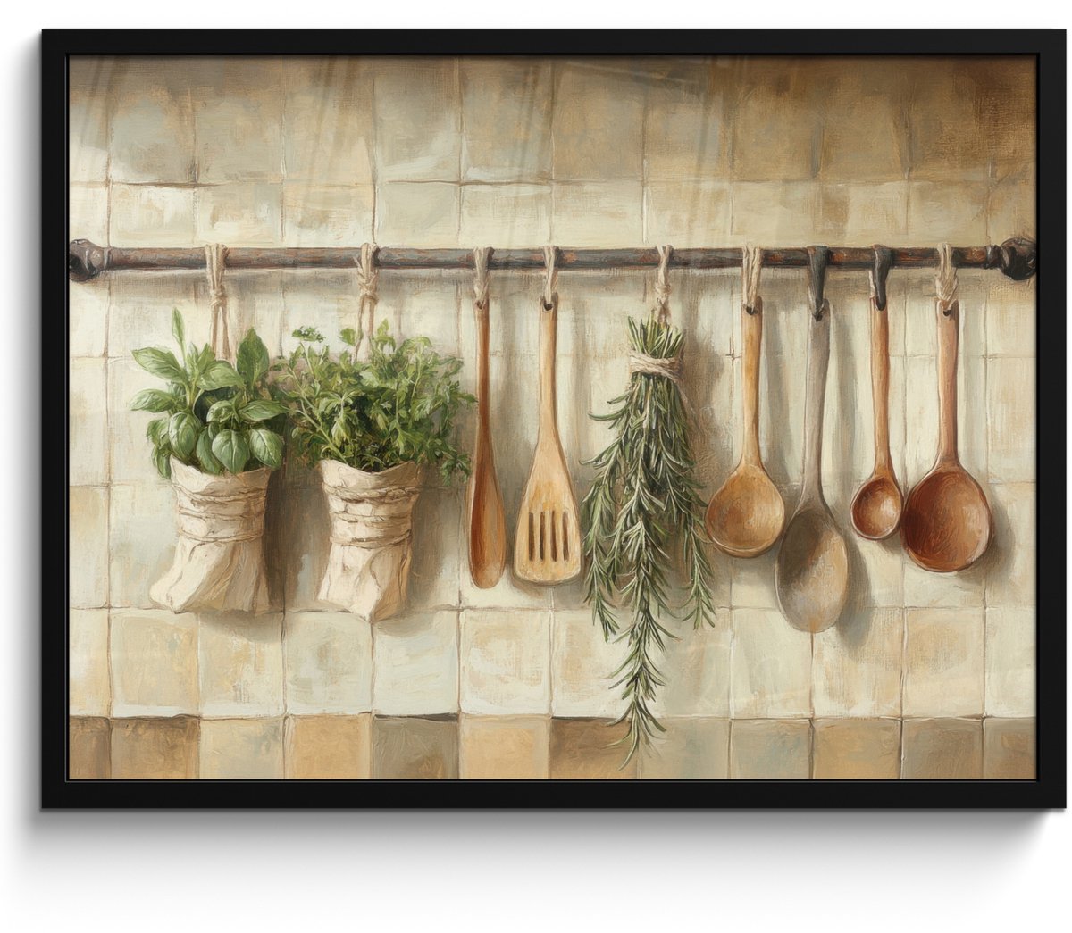 FrameYourWall Poster in lijst - Fotolijst 70x50 cm - Posters - Hout - Keukengerei - Stilleven - Tegels - Posterlijst zwart - Decoratie - Wanddecoratie woonkamer - Muurdecoratie slaapkamer Houten keukengerei - Stilleven