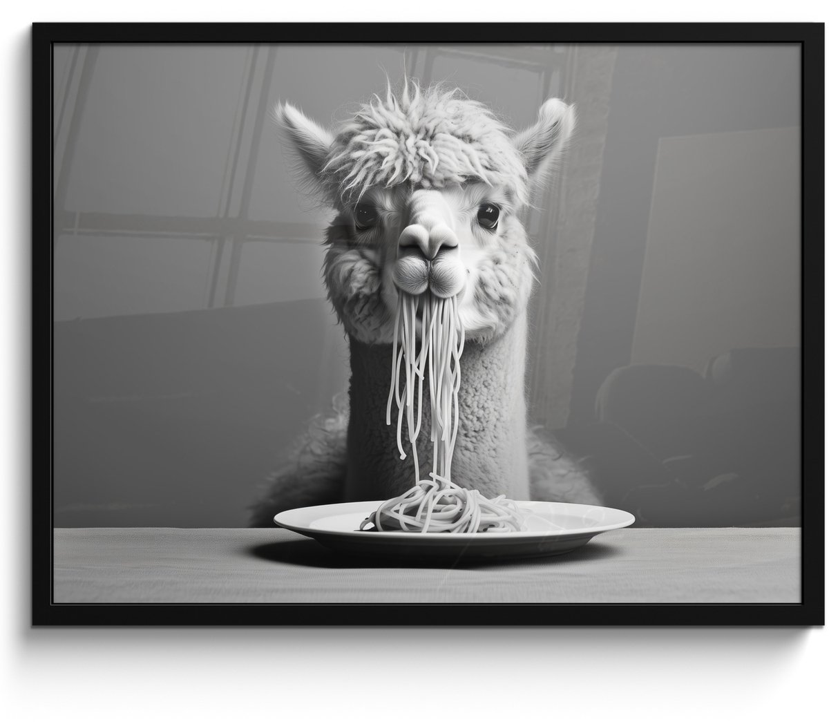 FrameYourWall Poster in lijst - Fotolijst 70x50 cm - Posters - Alpaca - Pasta - Zwart - Wit - Grappig - Dieren - Posterlijst zwart - Decoratie - Wanddecoratie woonkamer - Muurdecoratie slaapkamer