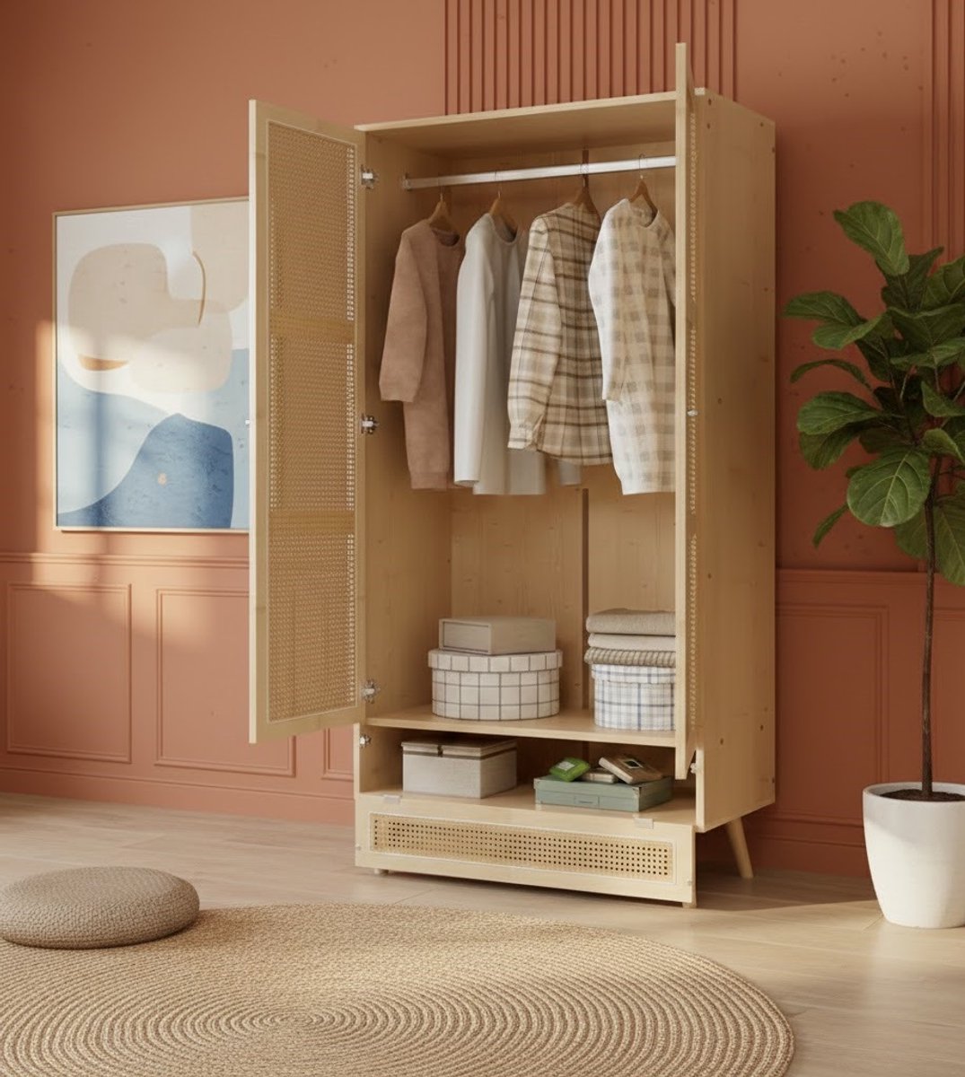 Naturel Rotan 2-Deurs Kledingkast – Slaapkamer & Woonkamer – Met Kledingstang, Flip-Top Opbergruimte en Robuuste Spaanplaat – Moderne Rotannet Designkast House&Garden