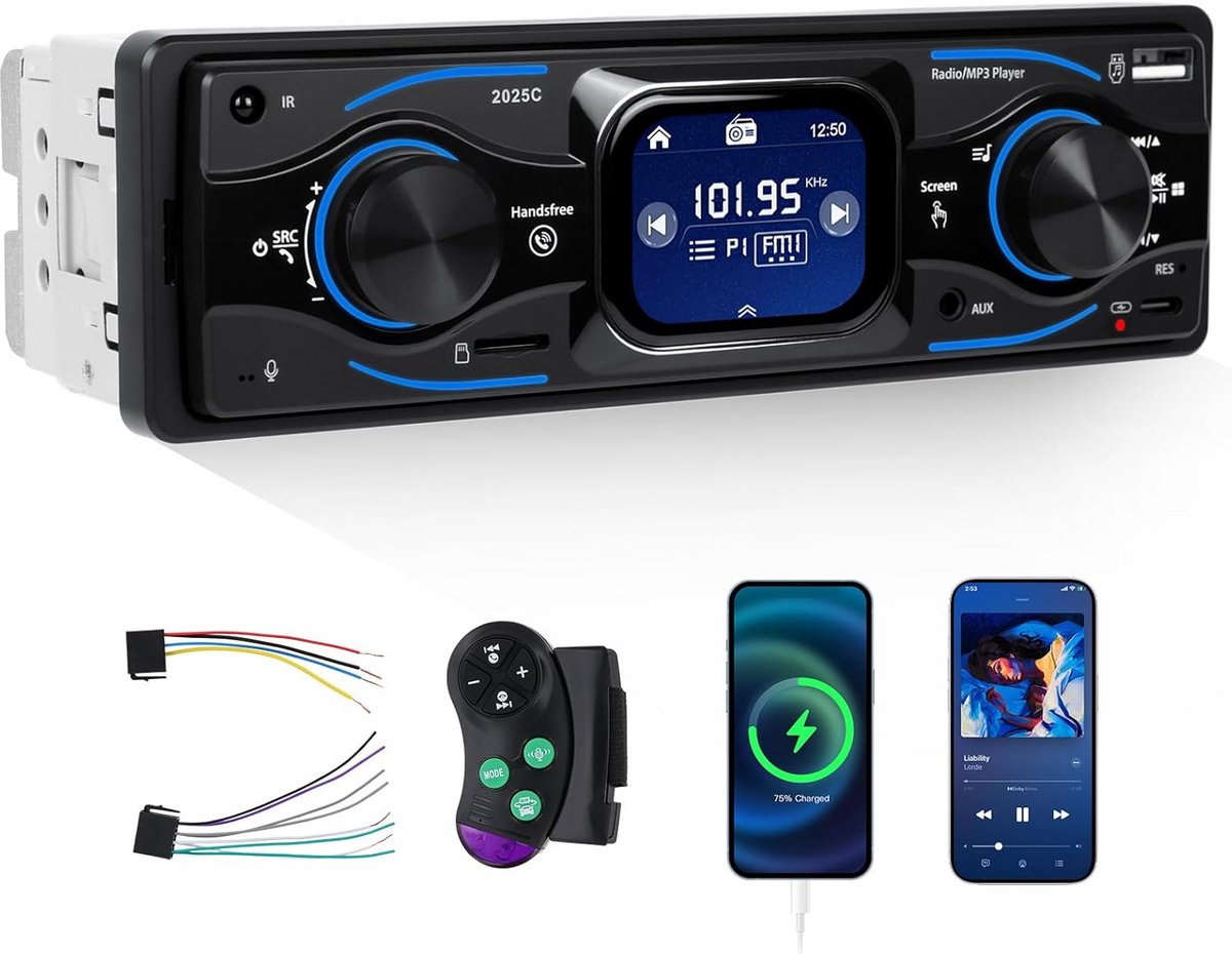 1DIN Autoradio met Bluetooth, USB-C Opladen, FM en Handsfree Functie