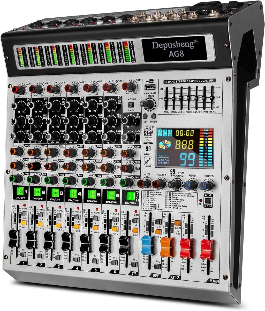 Professionele 8-Kanaals DJ Mixer - Audio Sound Mixer met Bluetooth, USB, MP3 en 48V Fantoomvoeding