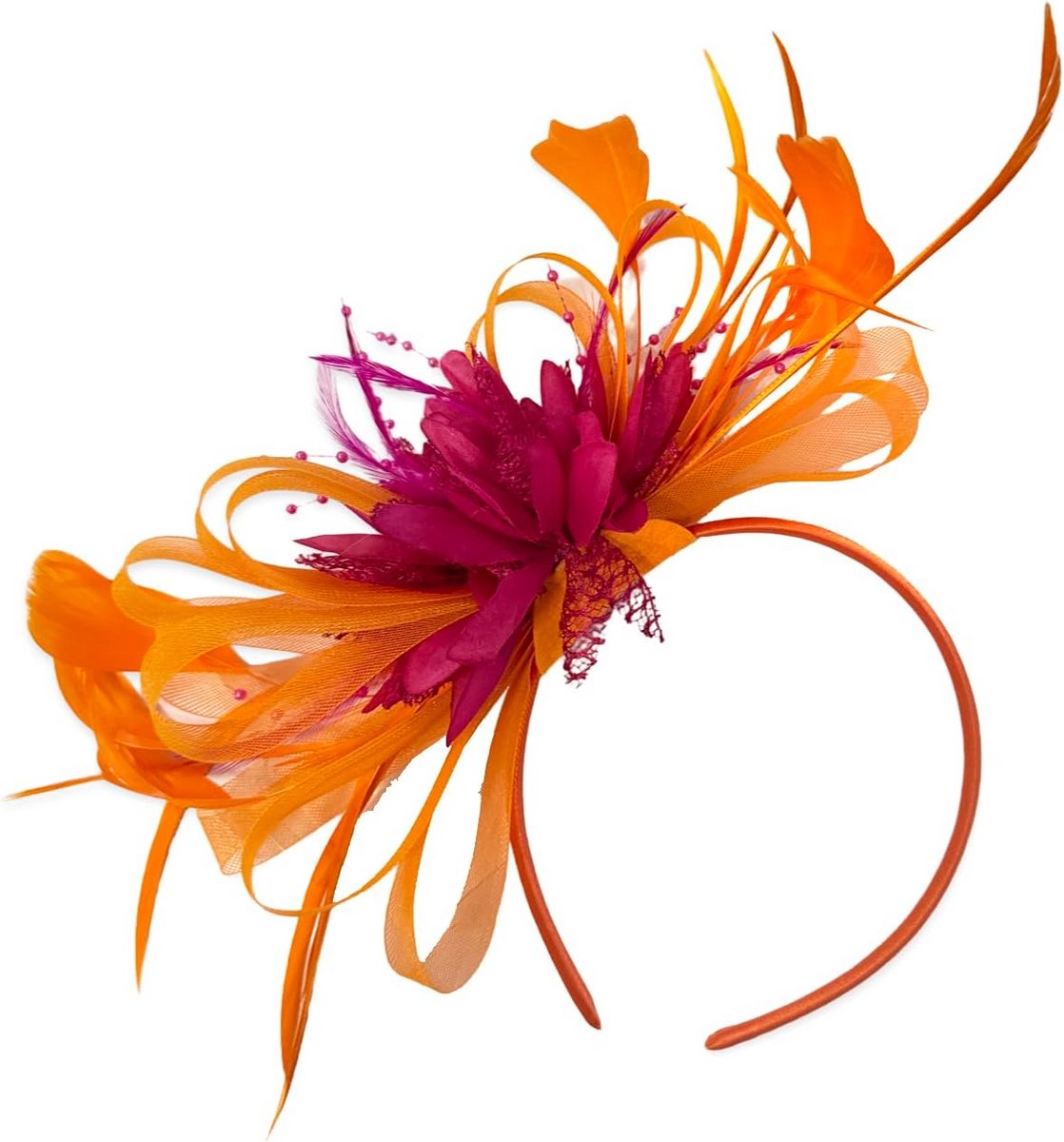 Oranje Fuchsia Haar Fascinator met Veer en Net voor Bruiloft en Races