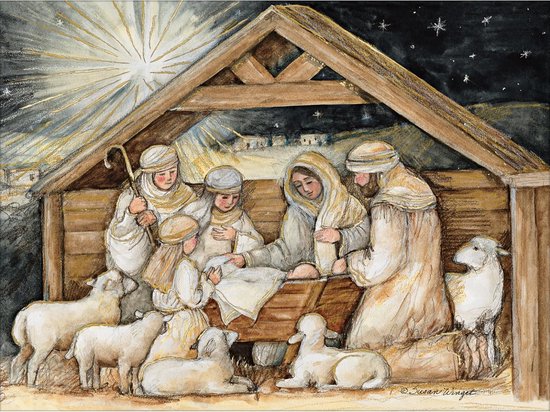 Set van 12 Klassieke Kerstkaarten met Enveloppen en Kerststal Thema