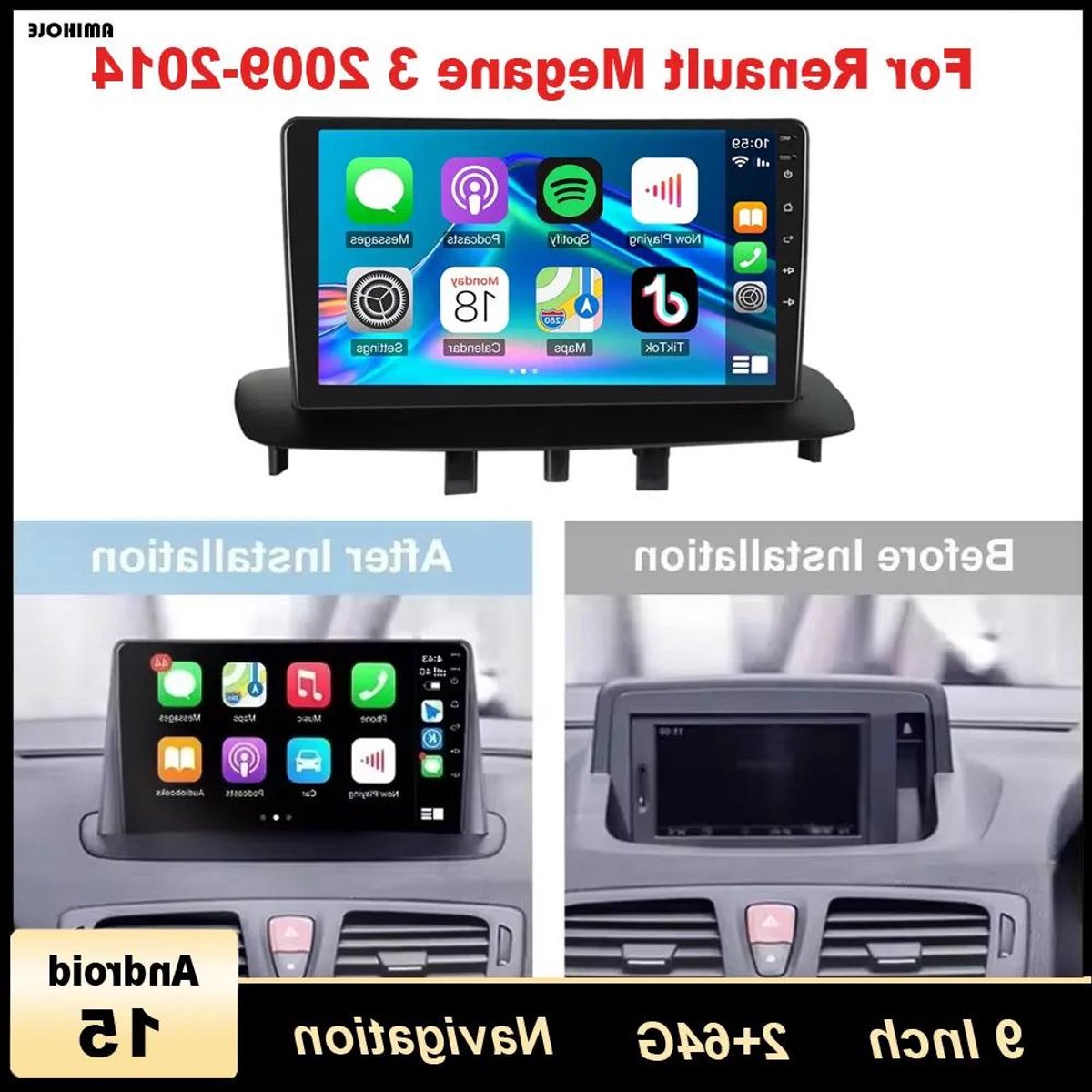Premium - Autonavigatie - Multimedia - CarPlay - Android Auto - Renault Megane 3 - 9 inch - 2 + 64G - AHD camera - Microfoon - 2009-2014 - Android - Kleur scherm - Geschikt voor auto - Zwart - 15 inch