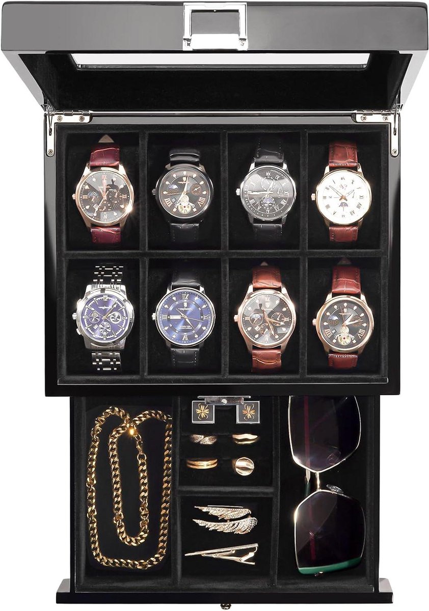 Houten horlogekast met lade en 8 horlogehouders - Sieradendoos voor heren en dames - Zwarte horloge organizer met 2 lagen