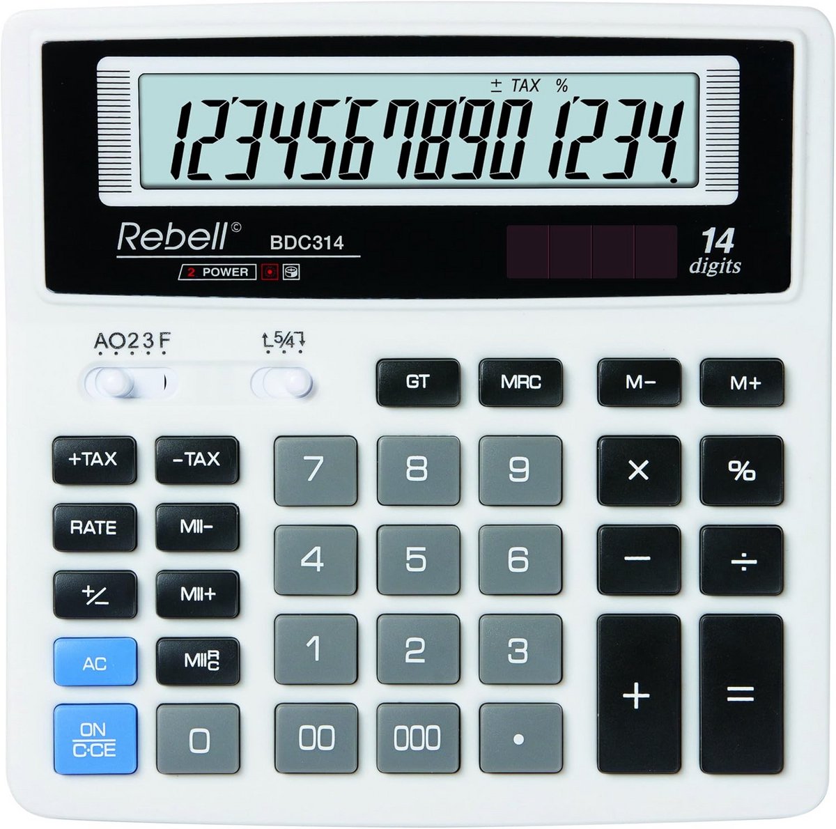 Tafel Rekenmachine - Rekenapparaat Kantoor - Zakelijke Berekeningen - 14-Cijferig Gebogen Display - 156 x 156 x 30 mm - Wit