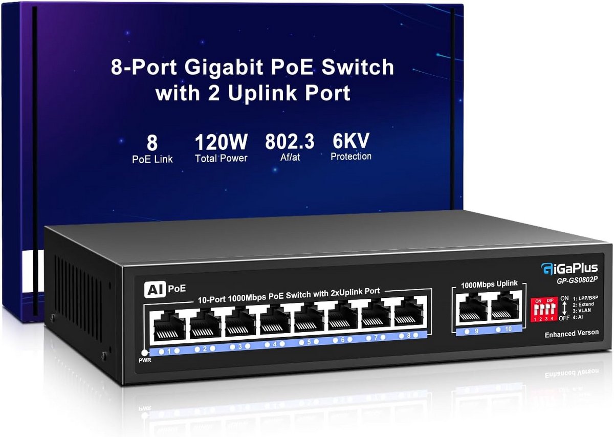 10 Poort Gigabit PoE Switch met 8x PoE+ en 2x Uplink