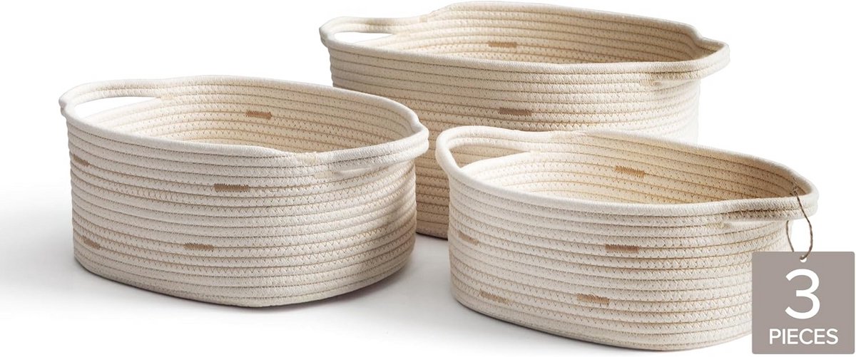 Set van 3 Rechthoekige Opbergmanden Katoen Touw - Decoratieve Gevlochten Opbergbakken met 