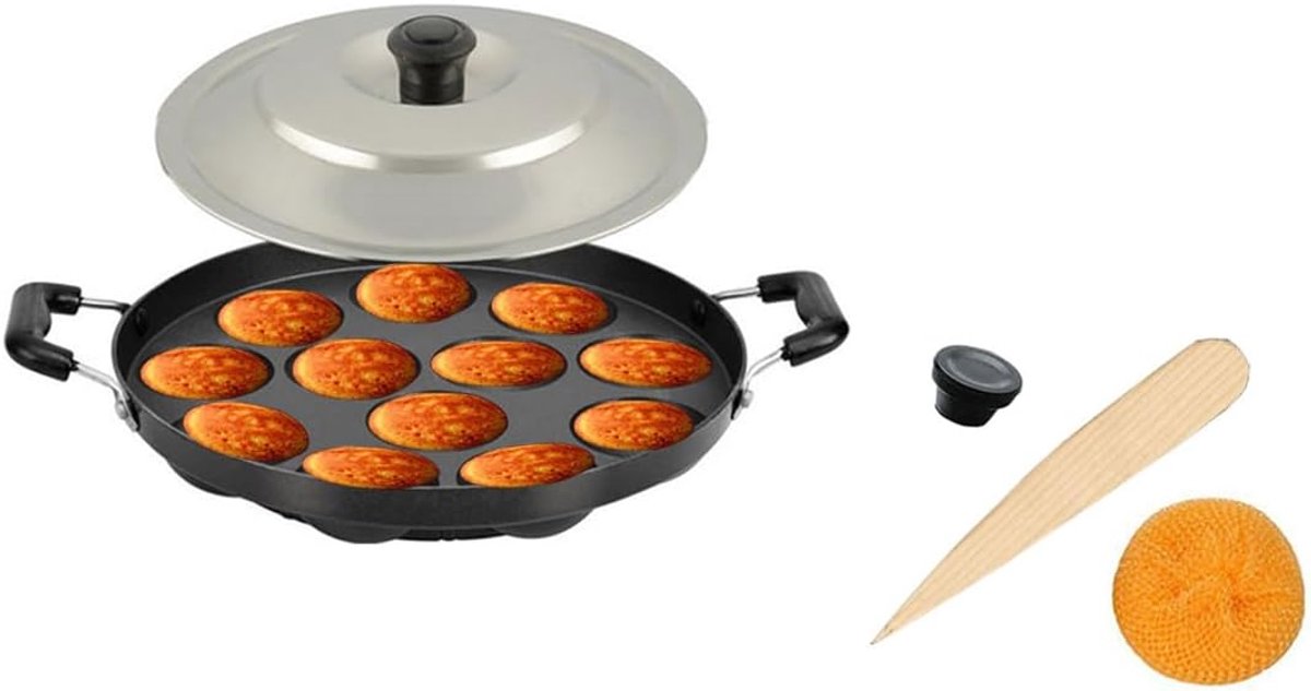 Appam Pan met Deksel - Paniyaram/Aebleskiver Pan - Non-Stick en Geschikt Voor 12 Stuks