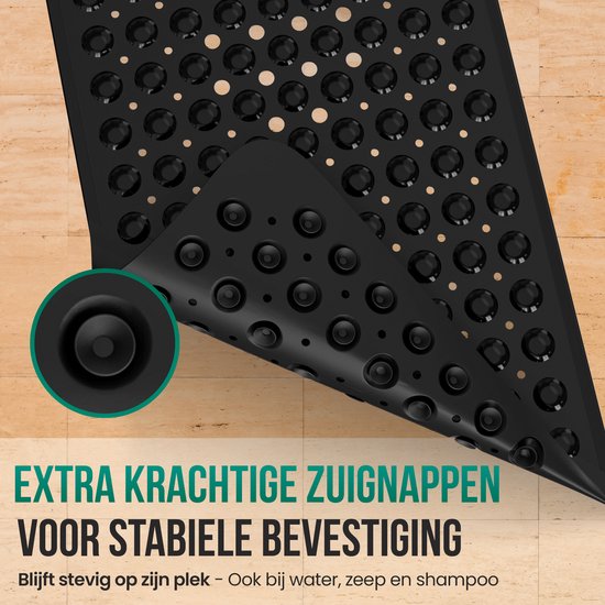 Detail van de extra krachtige zuignappen van de zwarte antislip badmat voor stabiele bevestiging.