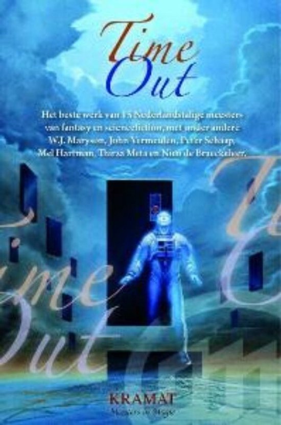 Boekcover 'Time Out' met een astronaut in een blauw ruimtepak, omringd door zwevende deuren.